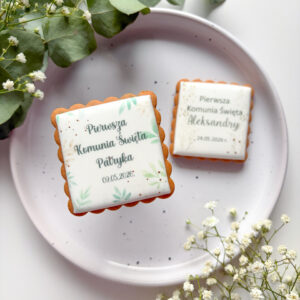 Pierniki na komunię z podziękowaniem chrzestni – personalizacja tekstu, ręczna dekoracja lukrem