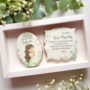 Handmade pierniki podziękowanie dla chrzestnych – komunijne wzory z tekstem, dekoracje na przyjęcie