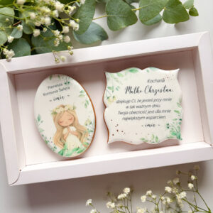 Komunijne pierniki z tekstem podziękowania chrzestna – lukier królewski, prezenty dla gości