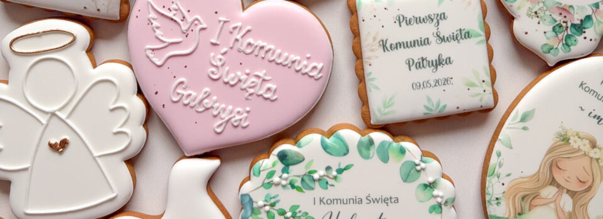 Handmade pierniki komunijne – delikatne wzory z lukrem, podziękowania dla rodziny na Pierwszą Komunię Świętą